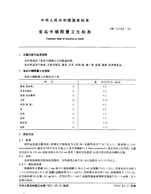 GB 13105-1991 食品中硒限量卫生标准