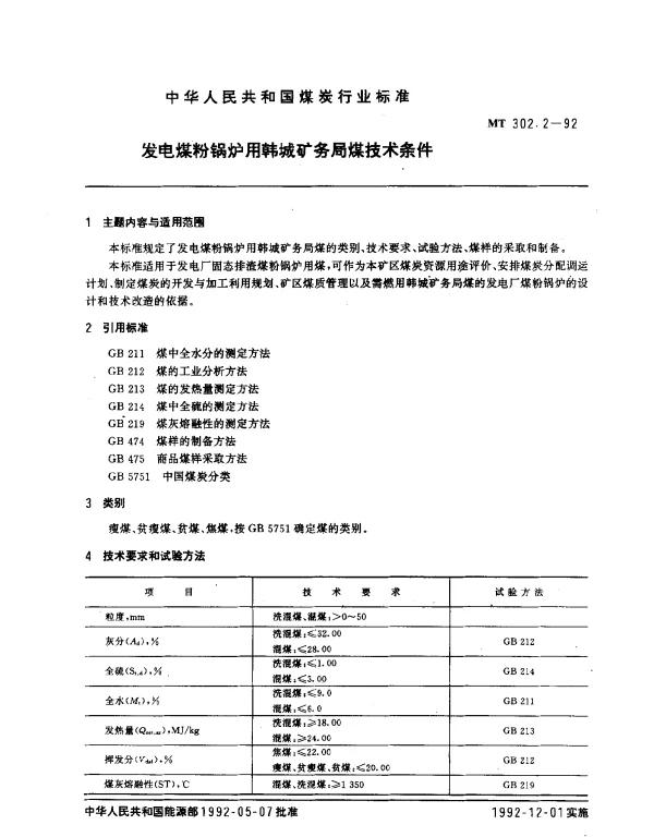 MT 302.2-1992 发电煤粉锅炉用韩城矿务局煤技术条件