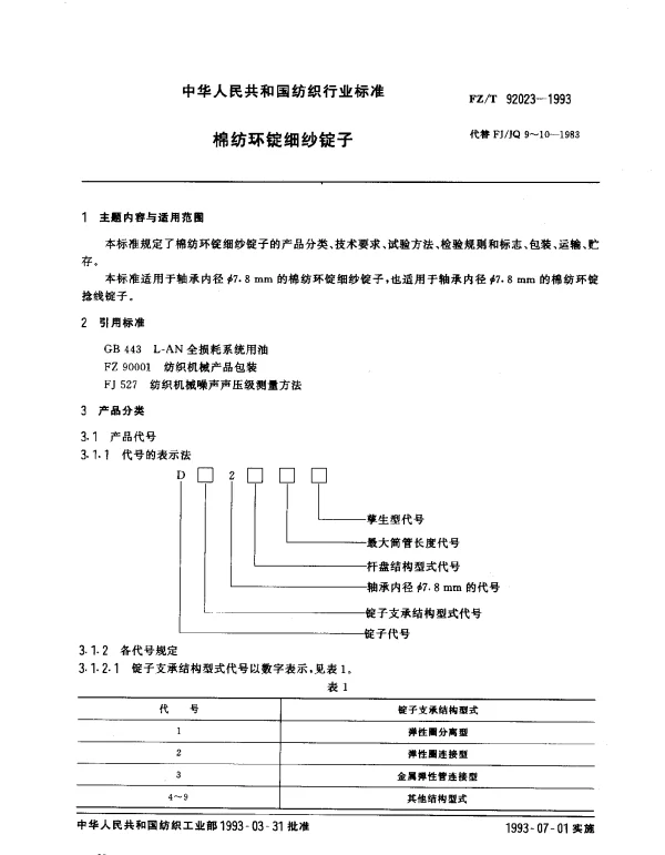 FZT 92023-1993 棉纺环锭细纱锭子