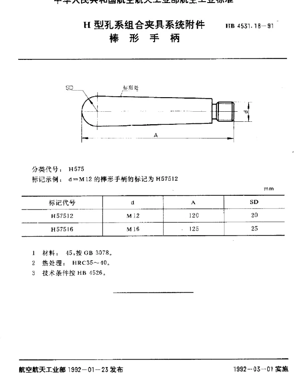 HB 4531.18-1991 H型孔系组合夹具系统附件.棒形手柄
