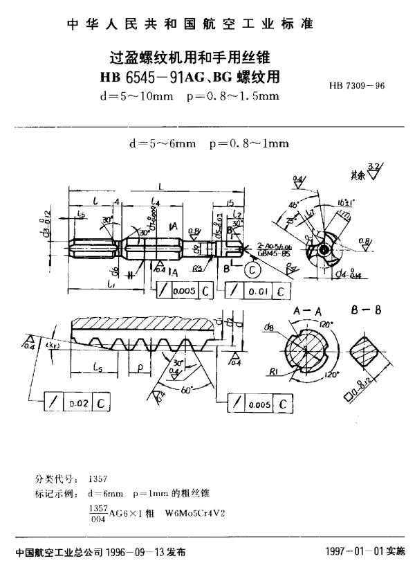 HB 7309-1996 过盈螺纹机用和手用丝锥.HB 6545-91AG、BG螺纹用d=5~10mm p=0.8~1.5mm
