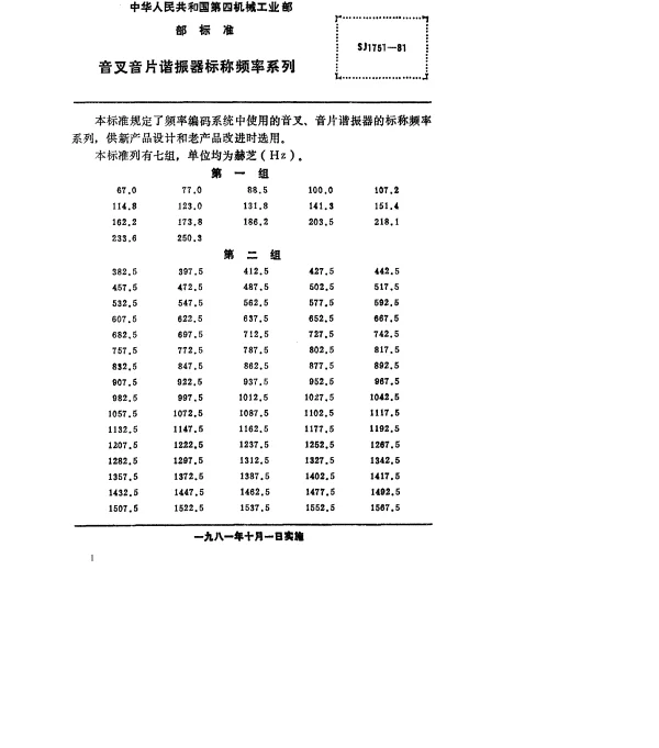 SJ 1751-1981 音叉音片谐振器标称频率系列