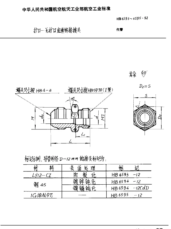 HB 6593~6595-1992 扩口—无扩口直通转接接头