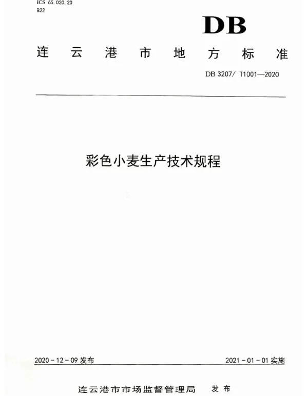 DB3207T 1001-2020 彩色小麦生产技术规程
