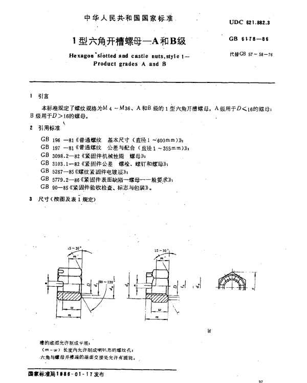 GB 6178-1986 1型六角开槽螺母-A和B级