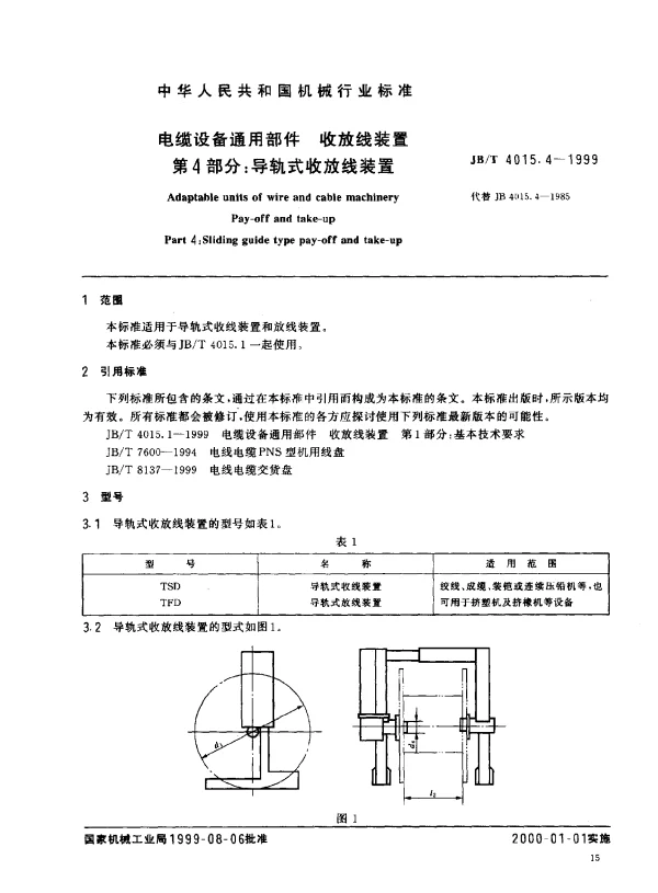 JBT 4015.4-1999 电缆设备通用部件.收放线装置.第4部分：导轨式收放线装置