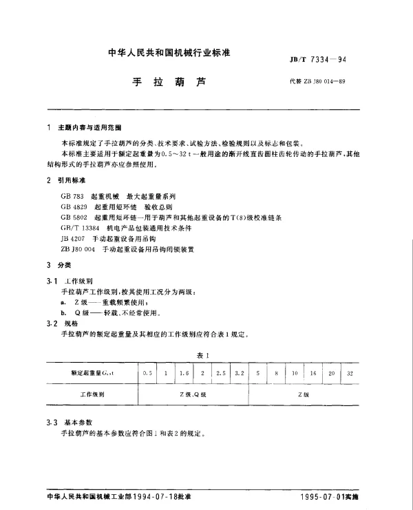 JBT 7334-1994 手拉葫芦