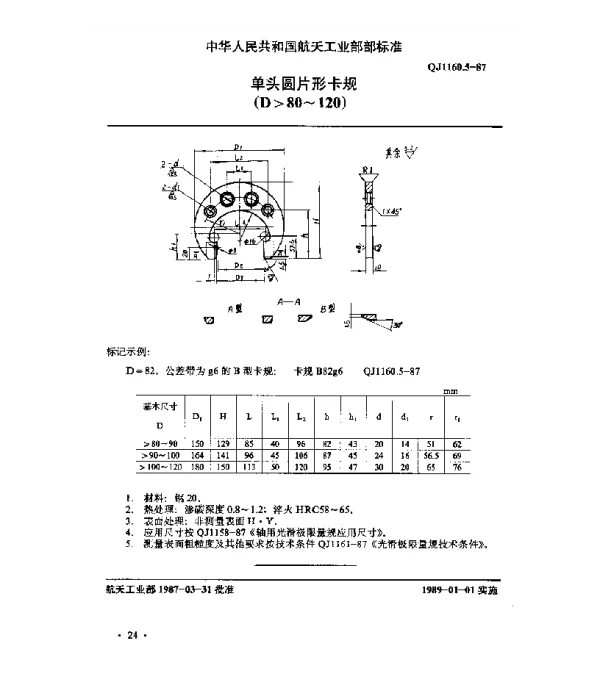 QJ 1160.5-1987 光滑极限量规型式尺寸 单头圆片形卡规(D80~120)