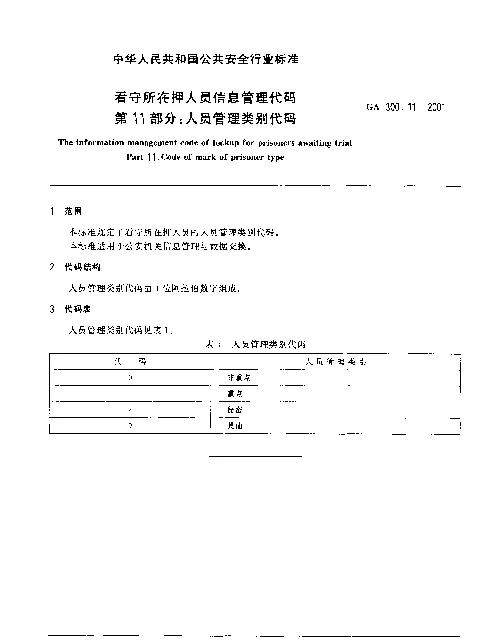 GA 300.11-2001 看守所在押人员信息管理代码.第11部分：人员管理类别代码