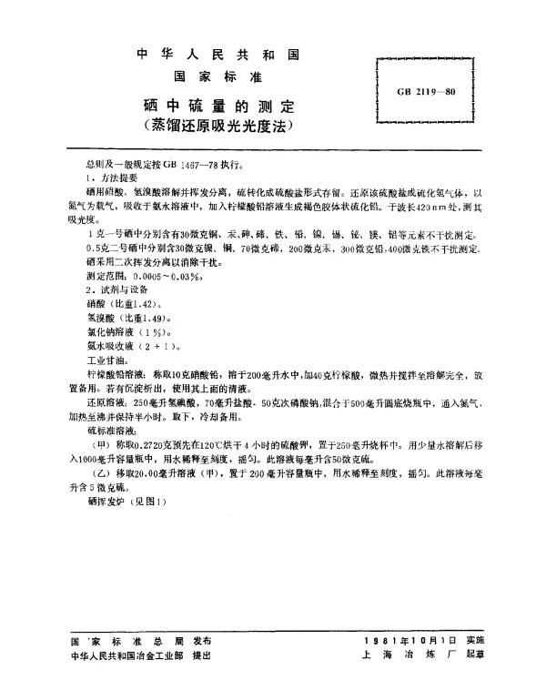 GB 2119-1980 硒中硫量的测定（蒸馏还原吸光光度法）