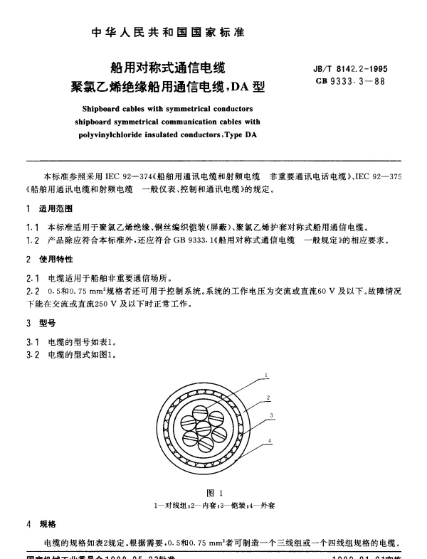JBT 8142.2-1995 船用对称式通信电缆.聚氯乙烯绝缘船用通信电缆,DA型