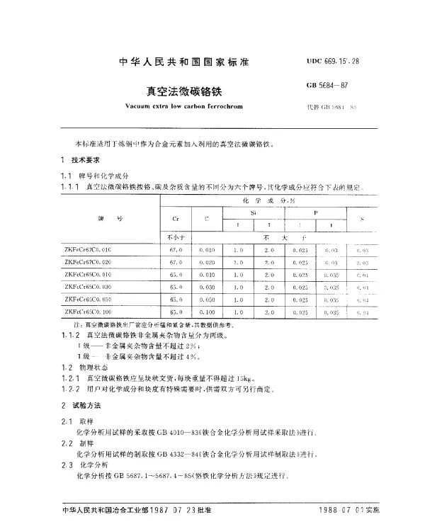 GB 5684-1987 真空法微碳铬铁