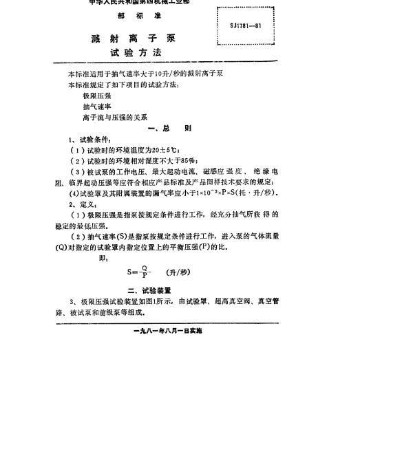 SJ 1781-1981 溅射离子泵.试验方法