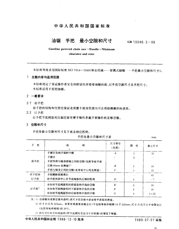 GB 10040.3-1988 油锯 手把 最小空隙和尺寸