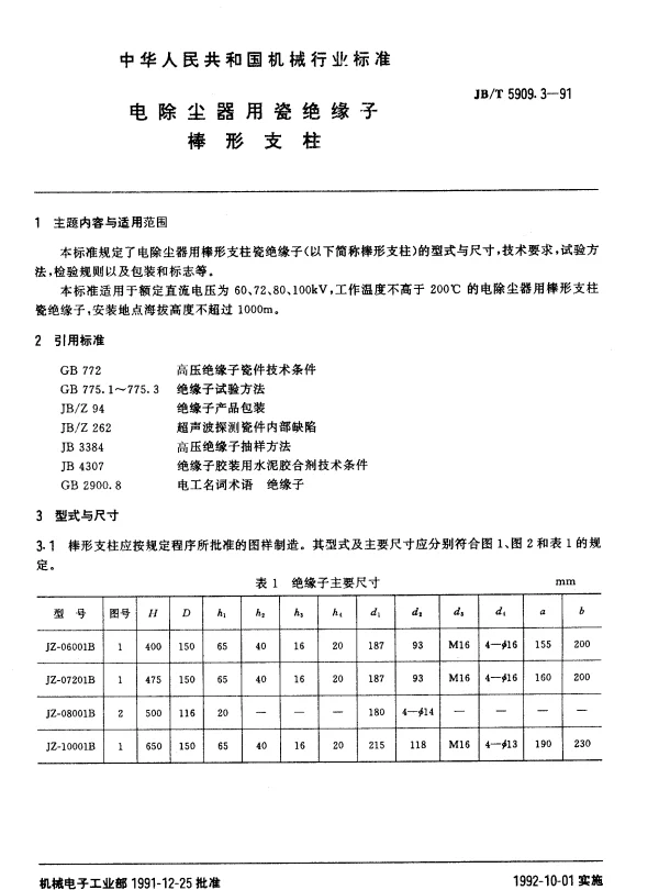 JBT 5909.3-1991 电除尘器用瓷绝缘子.棒形支柱