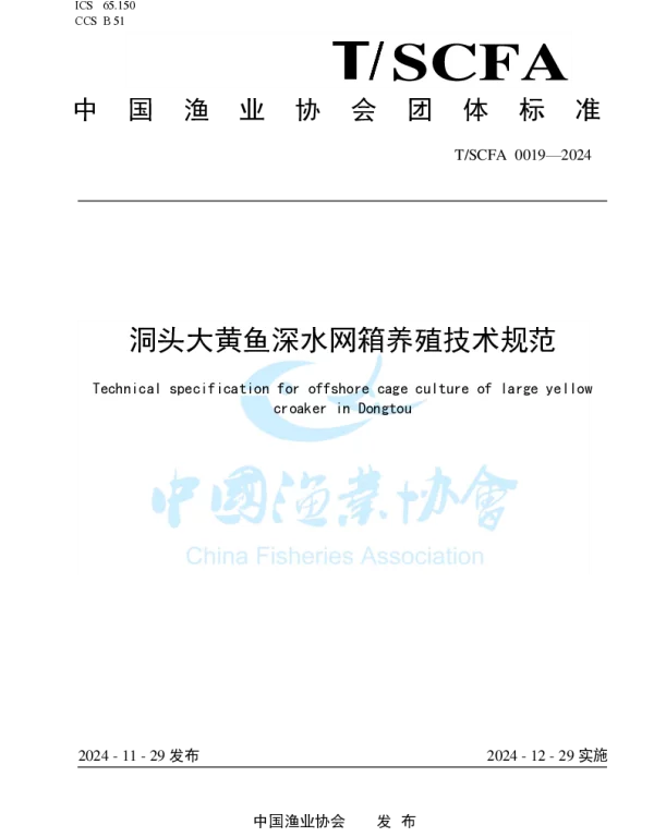 TSCFA 0019-2024 洞头大黄鱼深水网箱养殖技术规范