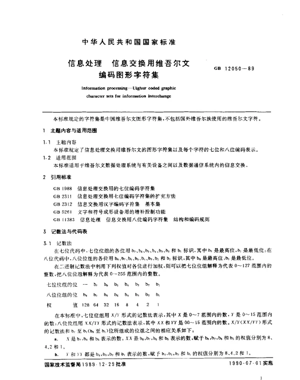 GB 12050-1989 信息处理 信息交换用维吾尔文编码图形字符集
