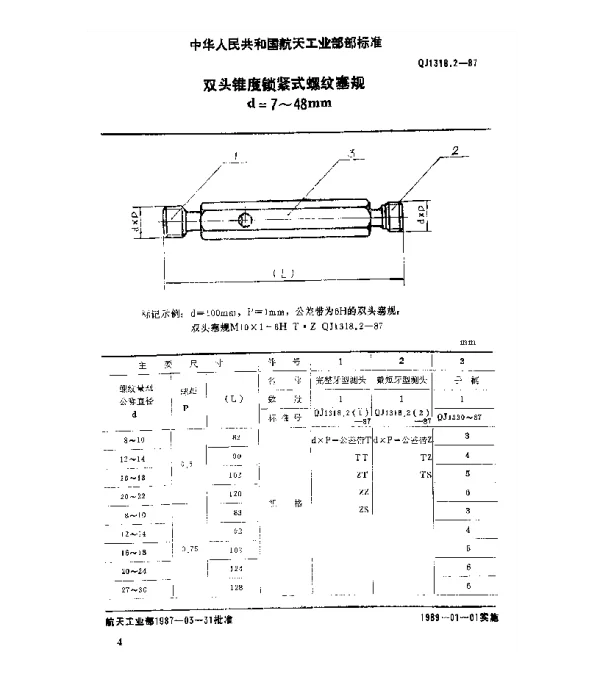 QJ 1318.2-1987 普通螺纹量规 双头锥度锁紧式螺纹塞规(d=7~48mm)