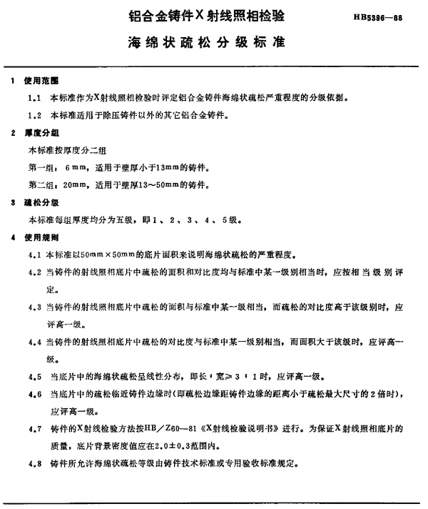 HB 5396-1988 铝合金铸件X射线照相检验海棉状疏松分级标准(不提供底片)