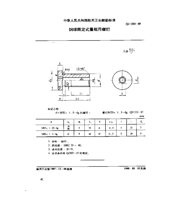QJ 1333-1987 通用零件 钢球固定式量规用螺钉