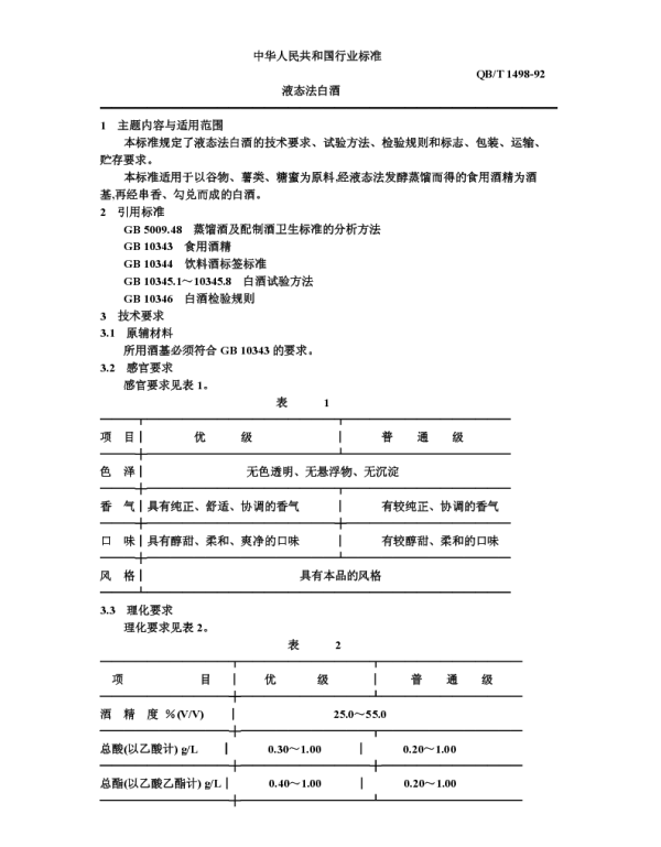 QBT 1498-1992 液态法白酒