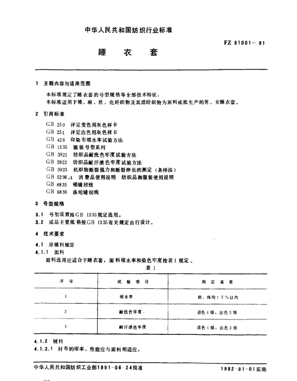 FZ 81001-1991 睡衣套