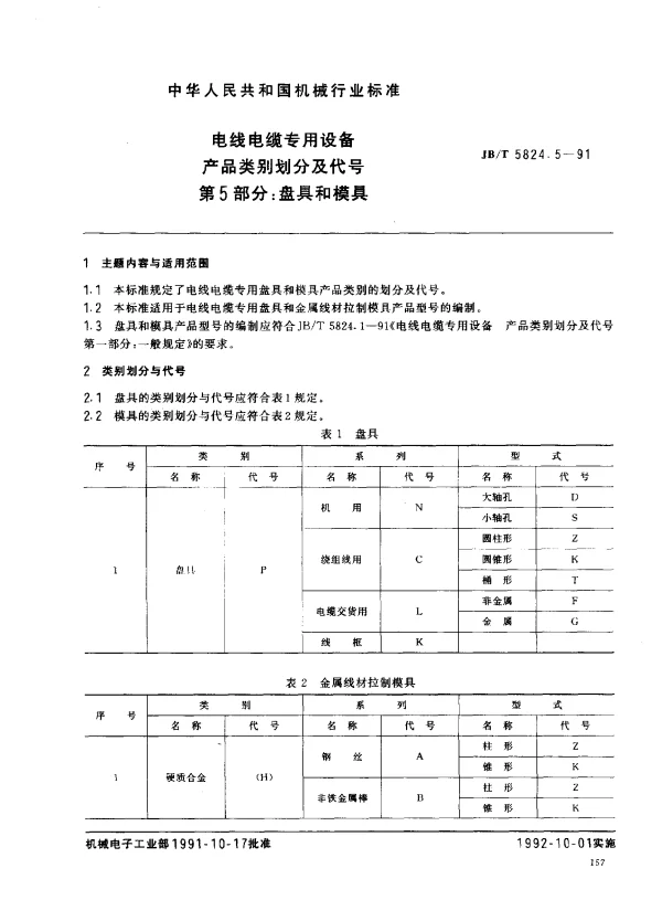 JBT 5824.5-1991 电线电缆专用设备 产品类别划分与代号 第5部分： 盘具与模具
