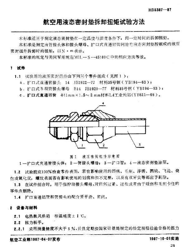 HB 5387-1987 航空用液态密封垫拆卸扭矩试验方法