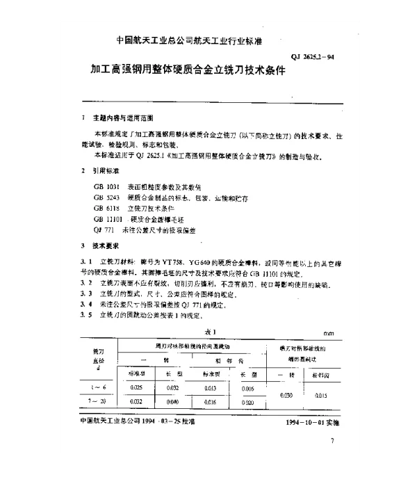 QJ 2625.2-1994 加工高强钢用整体硬质合金立铣刀技术条件