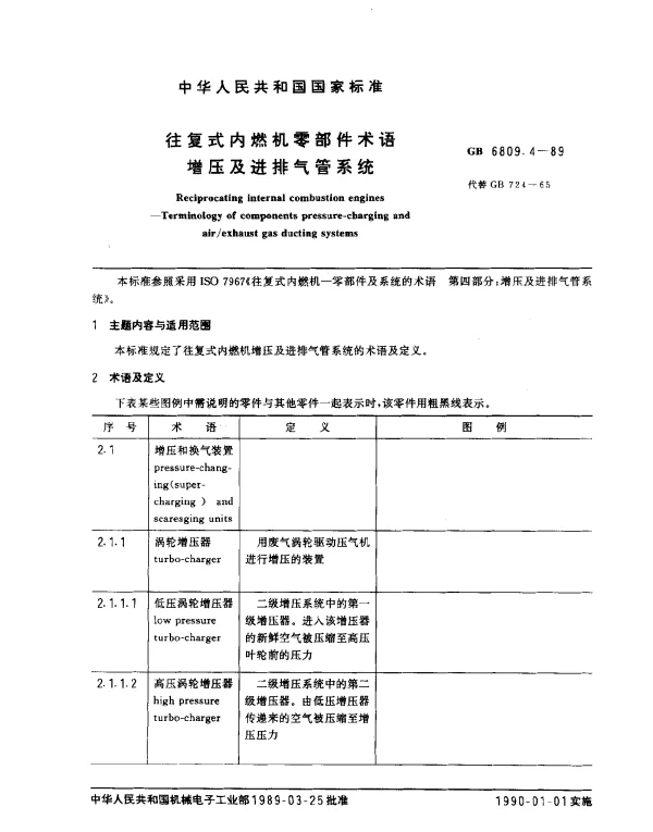 GB 6809.4-1989 往复式内燃机零部件术语 增压及进排气管系统