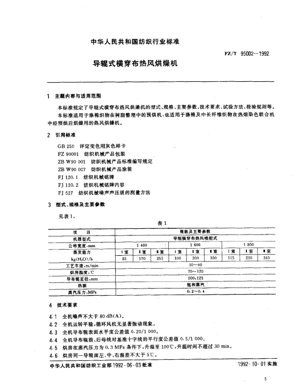FZT 95002-1992 导辊式横穿布热风烘燥机