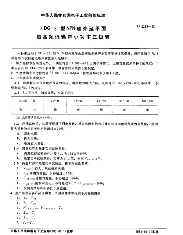SJ 2289-1983 3DG151型NPN硅外延平面超高频低噪声小功率三极管