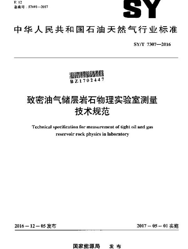 SYT 7307-2016 致密油气储层岩石物理实验室测量技术规范