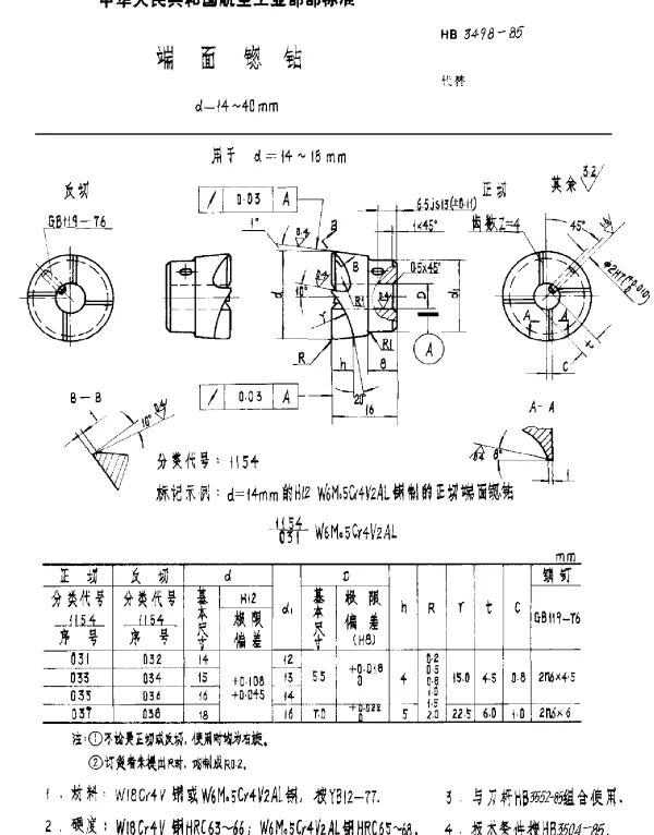 HB 3498-1985 端面锪钻 d=14~40mm