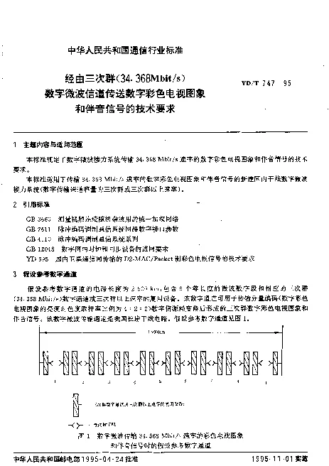 YDT 747-1995 经由三次群(34.368Mbits)数字微波信道传送数字彩色电视图象和伴音信号的技术要求