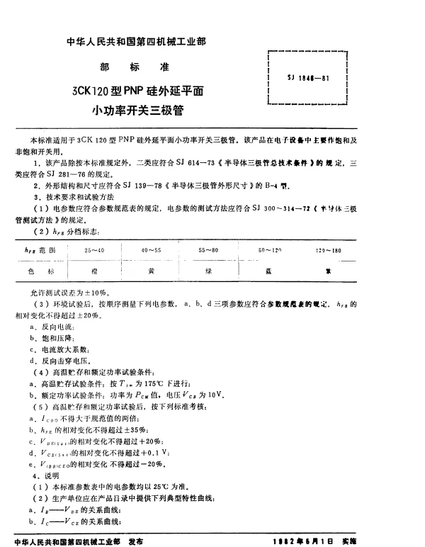 SJ 1846-1981 3CK120型PNP硅外延平面小功率开关三极管