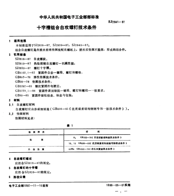 SJ 2841-1987 十字槽组合自攻螺钉技术条件