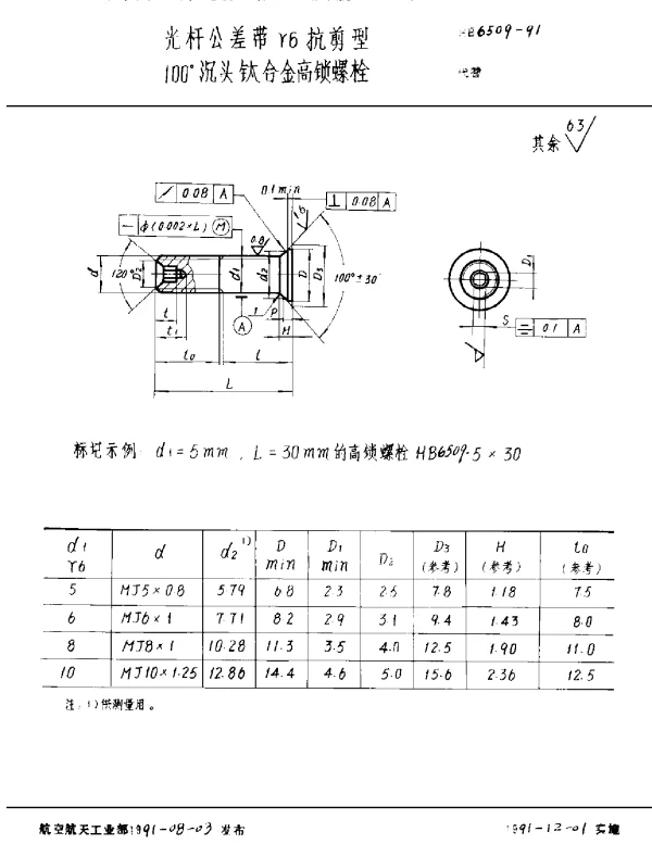 HB 6509-1991 光杆公差带r6抗剪型100°沉头钛合金高锁螺栓
