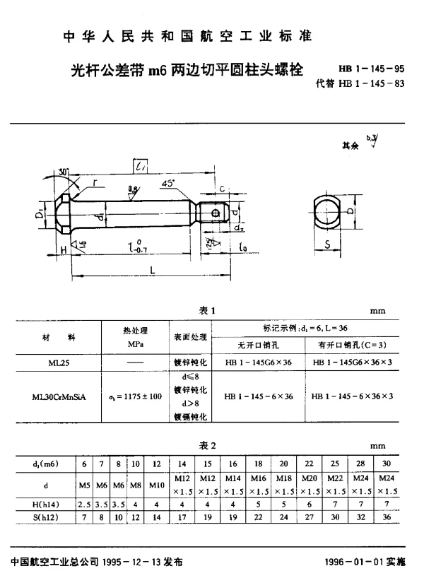 HB 1-145-1995 光杆公差带m6两边切平圆柱头螺栓