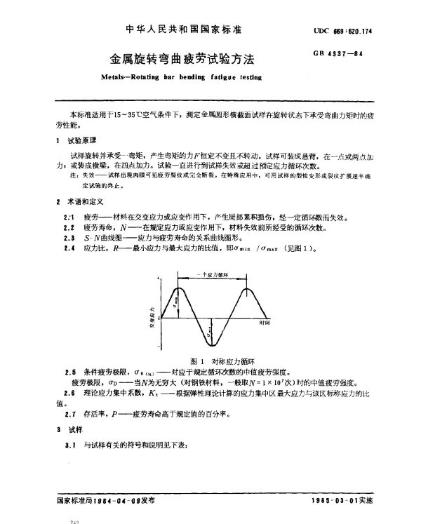GB 4337-1984 金属旋转弯曲疲劳试验方法