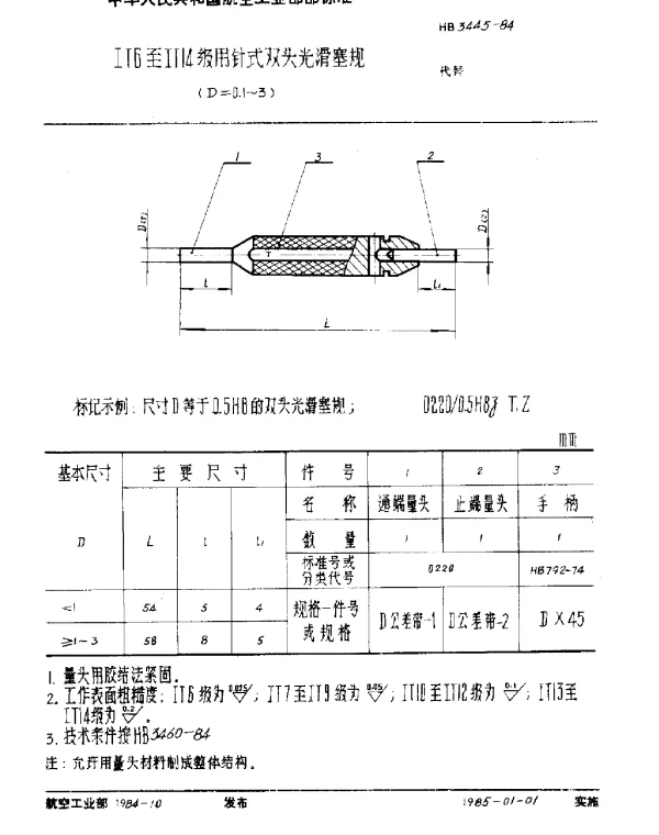 HB 3445-1984 IT6至IT14级用针式双头光滑塞规(D≤3)