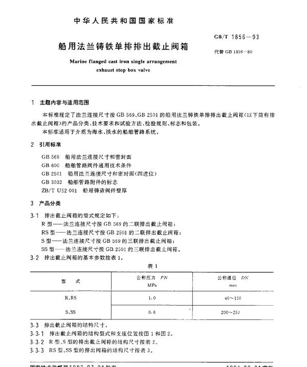 GBT 1856-1993 船用法兰铸铁单排排出截止阀箱