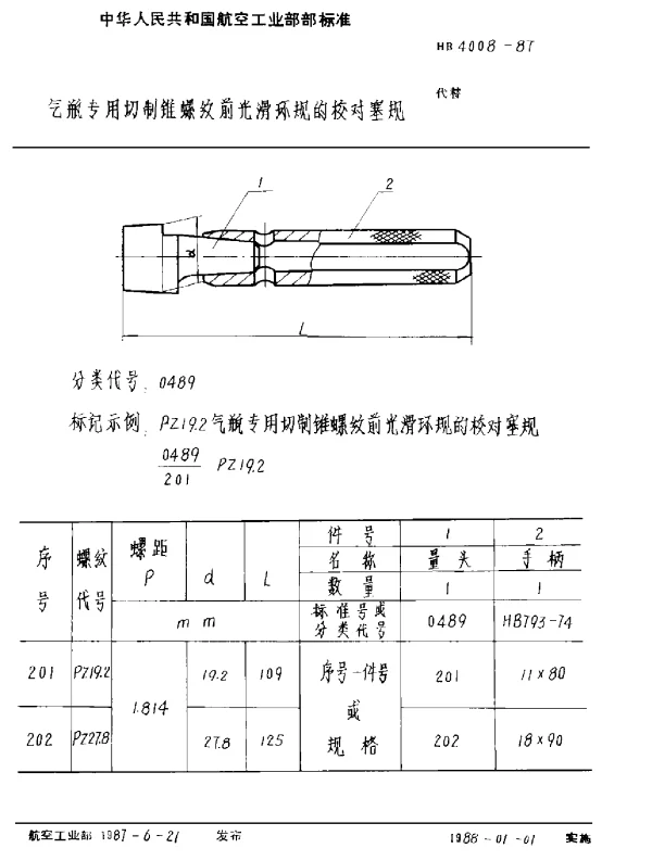 HB 4008-1987 气瓶专用切制锥螺纹前光滑环规的校对塞规