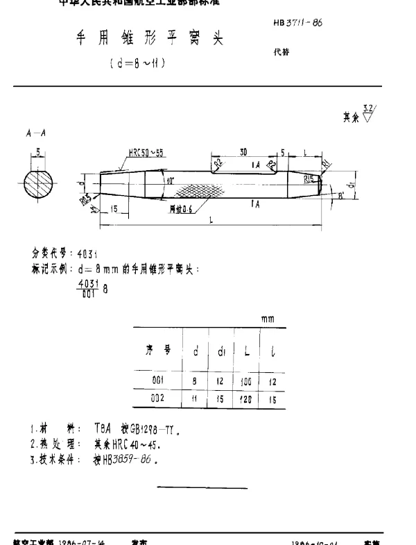 HB 3711-1986 手用锥形平窝头(d=8~11)