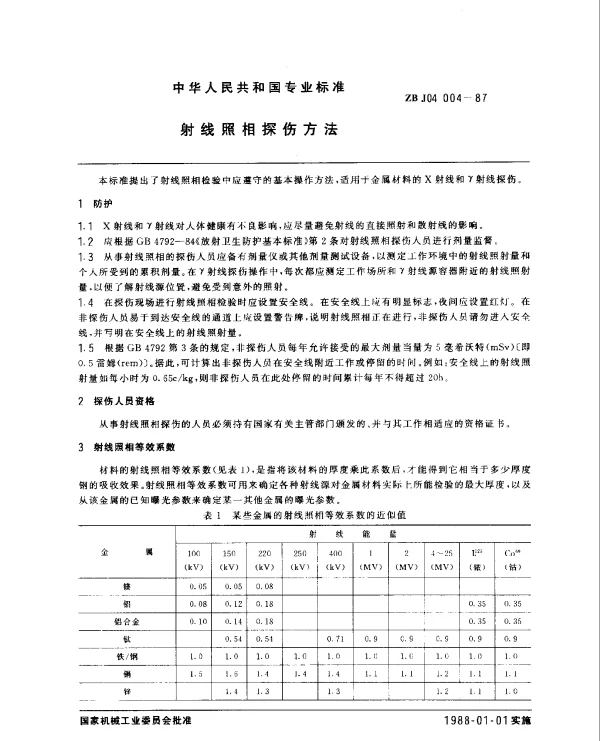 ZB J04 004-1987 射线照相探伤方法
