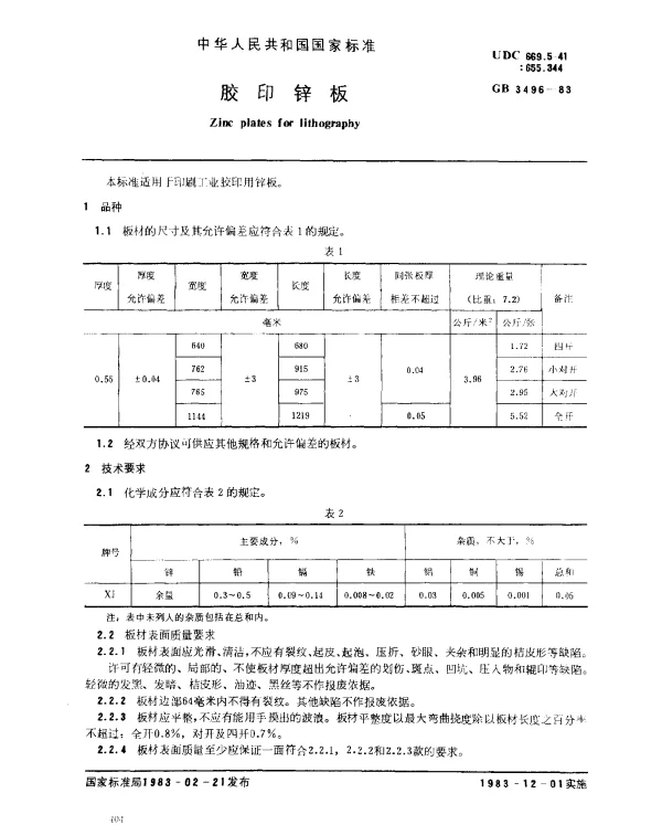 GB 3496-1983 胶印锌板
