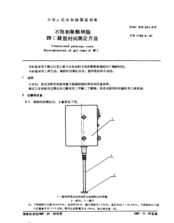 GB 7193.6-1987 不饱和聚酯树脂 25℃凝胶时间测定方法