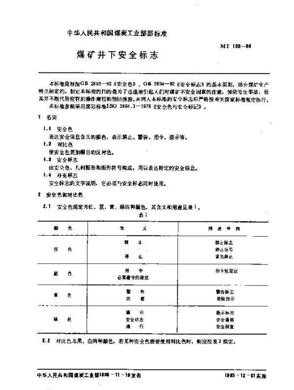 MT 108-1985 煤矿井下安全标志