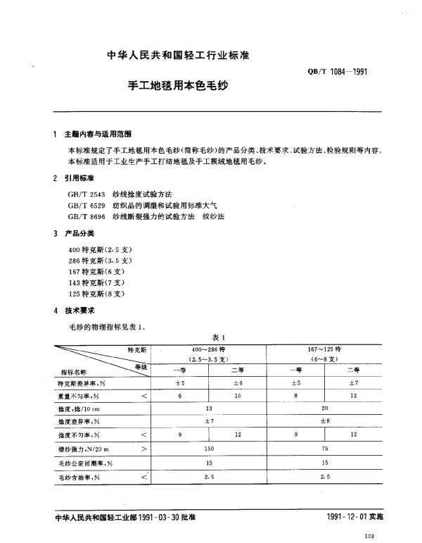 QBT 1084-1991 手工地毯用本色毛纱