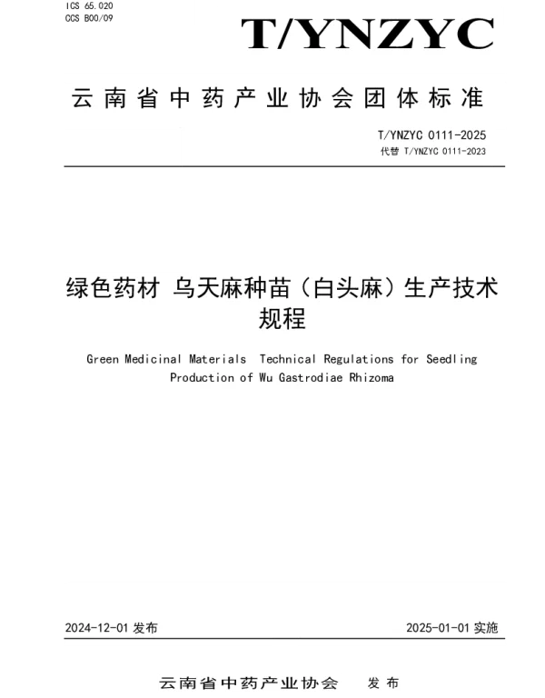 TYNZYC 0111-2025 绿色药材 乌天麻种苗（白头麻）生产技术规程